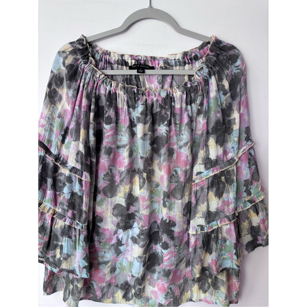 Zac & Rachel Floral Ruffle Peasant Top Gray Pink Blue Large
